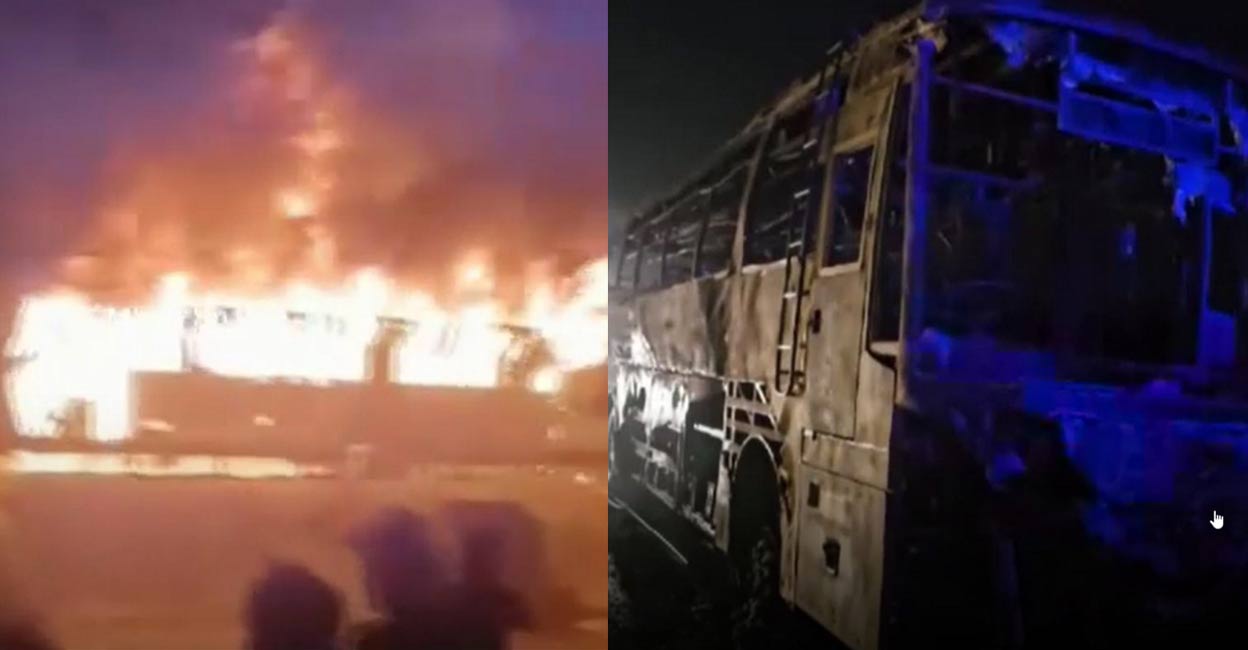 Flames out after a bus caught fire that left at least eight dead and twenty others injured, near Tauru in Haryana's Nuh district, in the early hours of Saturday, May 18, 2024. Photo: PTI. 