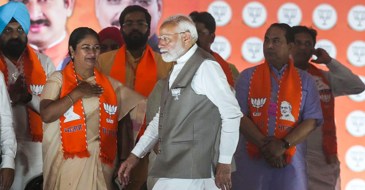 Prime Minister and senior BJP leader Narendra Modi during a rally for Lok Sabha elections at Kartar Nagar in New Delhi on Saturday. Photo: PTI 