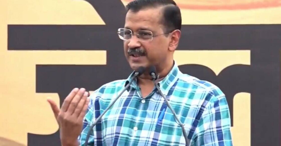Arvind Kejriwal addresses his party members ahead of the protest march to BJP headquarters. Photo: X/ AAP