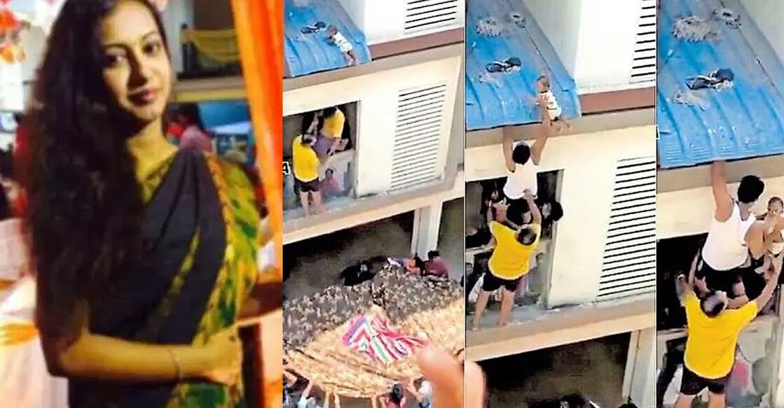 Ramya (Left), Scenes of rescuing the baby (Right). Photo: Manorama.
