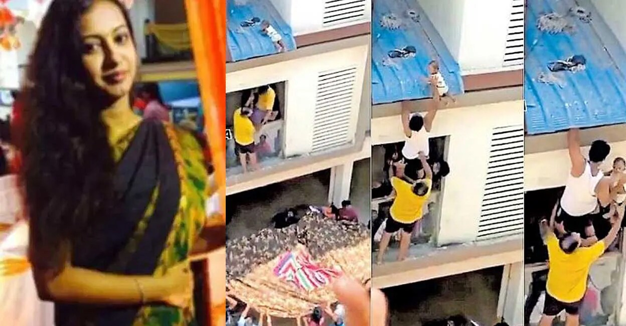 Ramya (Left), Scenes of rescuing the baby (Right). Photo: Manorama.