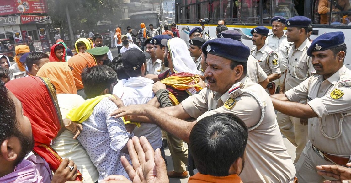 Police detain students of BN College during a protest after a final year student was beaten to death by some unidentified persons on the law college campus of Patna University, in Patna, Tuesday, May 28, 2024. Photo: PTI. 