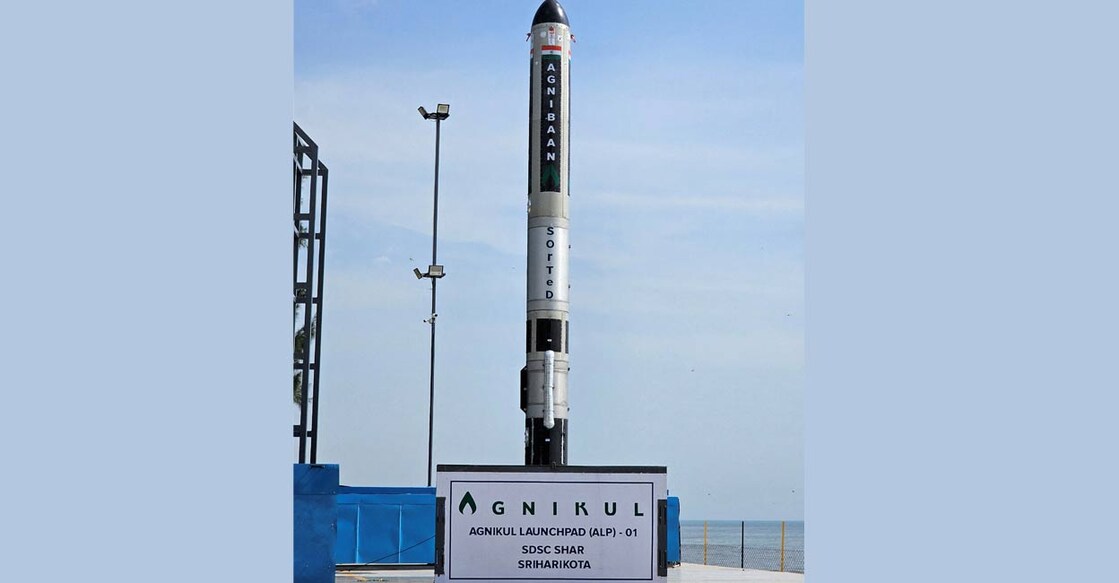 Agnibaan SubOrbital Technological Demonstrator (SOrTeD), vehicle is seen at Agnikul's Launchpad at Satish Dhawan Space Center in Sriharikota, November 28, 2022. Photo: PTI. 