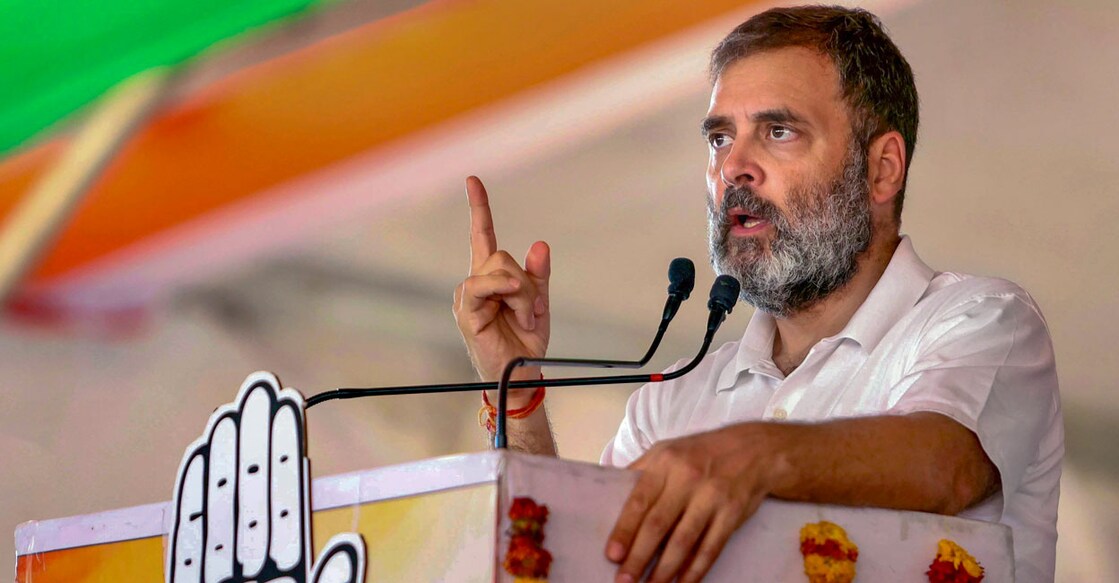 Congress leader Rahul Gandhi addresses a public meeting in Ratlam, Madhya Pradesh on Monday. Photo: PTI