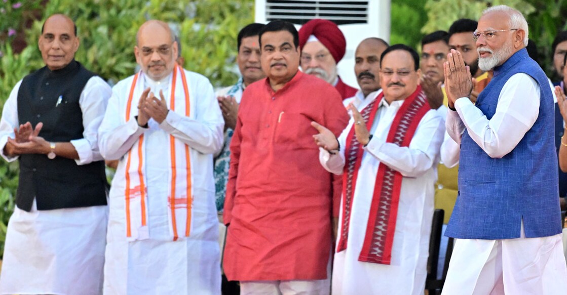 Narendra Modi arrives to take oath as prime minister for the third consecutive term in the presence of BJP leaders Rajnath Singh, Amit Shah, Nitin Gadkari and JP Nadda among others at Rashtrapati Bhavan in New Delhi on Monday. Photo: Rahul R Pattom/Manorama