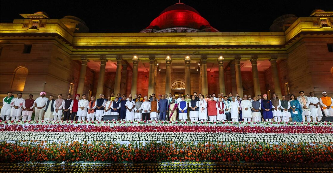 President Droupadi Murmu and Vice President Jagdeep Dhankhar with Prime Minister Narendra Modi and other ministers at the swearing-in ceremony of the new Union government, at Rashtrapati Bhavan in New Delhi, Sunday, June 9, 2024. Photo: PTI. 