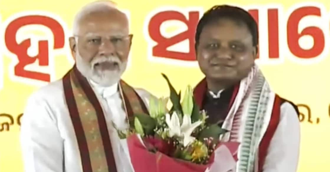 Prime Minister Narendra Modi with Odisha's Chief Minister-designate Mohan Charan Majhi during the latter's swearing-in ceremony. Photo: PTI.