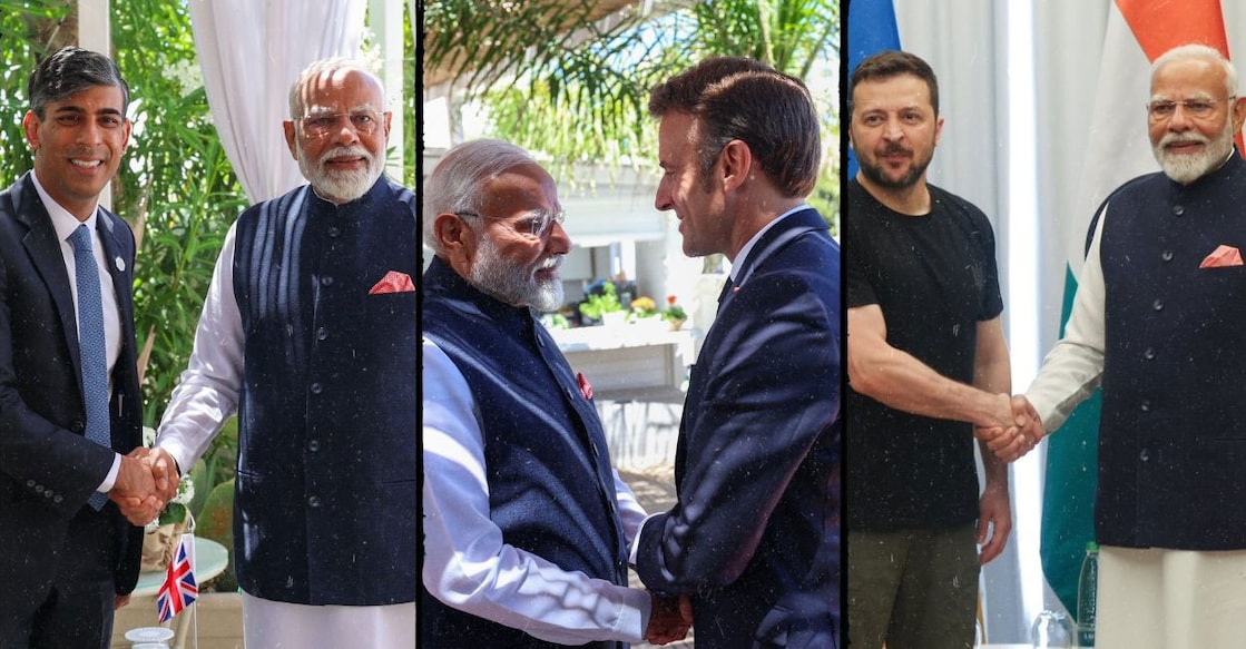 Prime Minister Narendra Modi meeting his British counterpart Rishi Sunak (left), President of France Emmanuel Macron (centre) and President of Ukraine Volodymyr Zelenskyy at the G7 Summit. Photo: X/@narendramodi