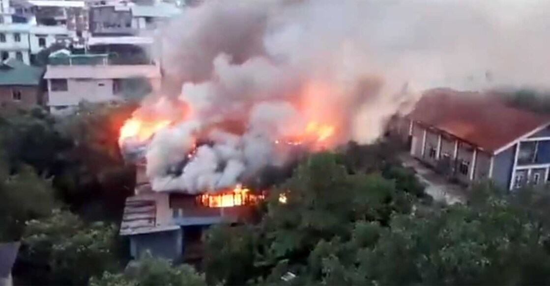 A screengrab from a video of the fire near Chief Minister N Biren Singh's house.