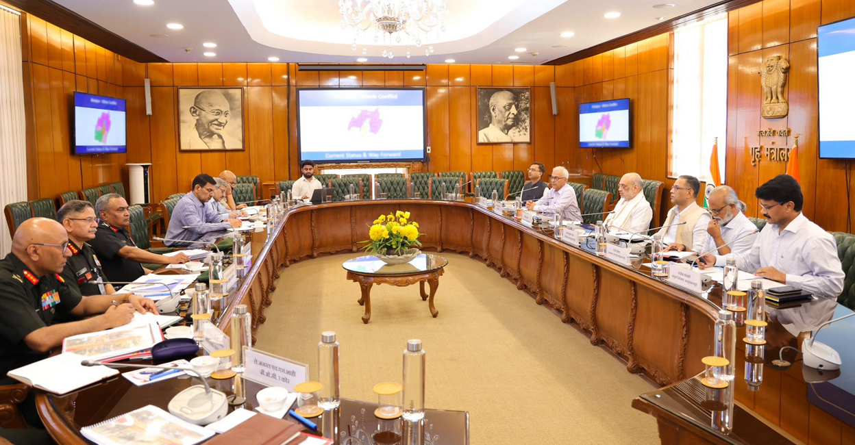 PTI06_17_2024_000324B Union Home Minister and Minister of Cooperation Amit Shah chairs a high-level meeting to review the security situation of Manipur. Photo: PTI