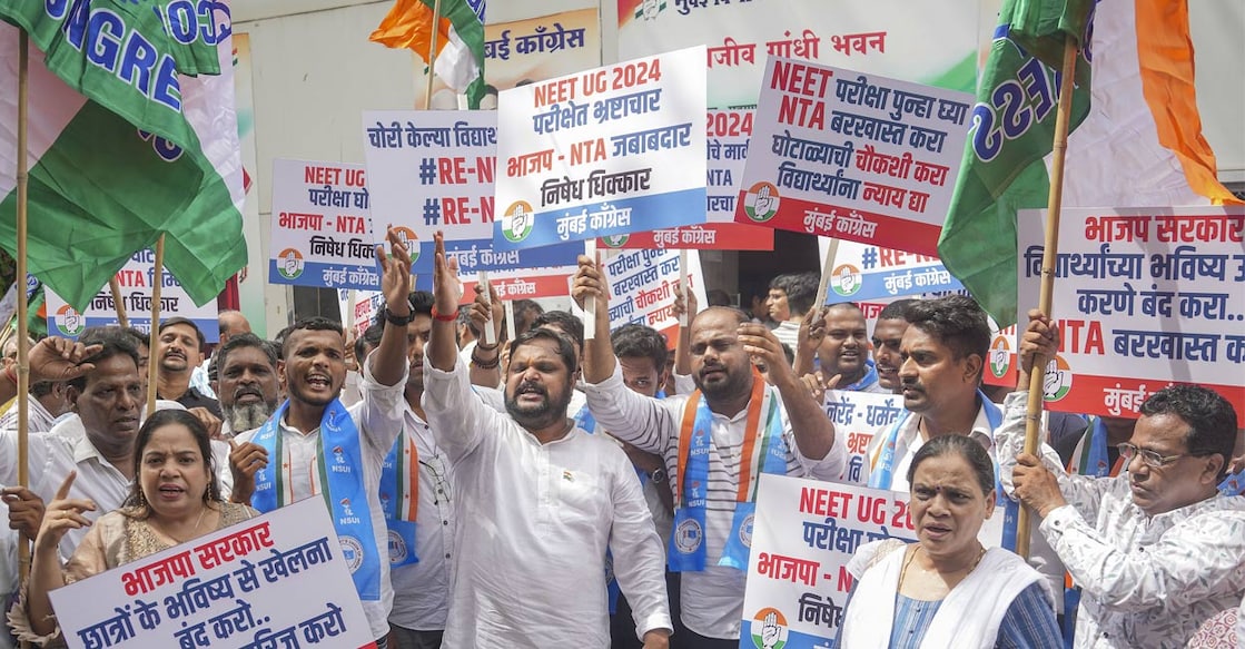 neet-ug-nta-protest-ls Congress workers stage a demonstration against alleged irregularities in the NEET examinations, in Mumbai, Friday, June 21, 2024. Photo: PTI.