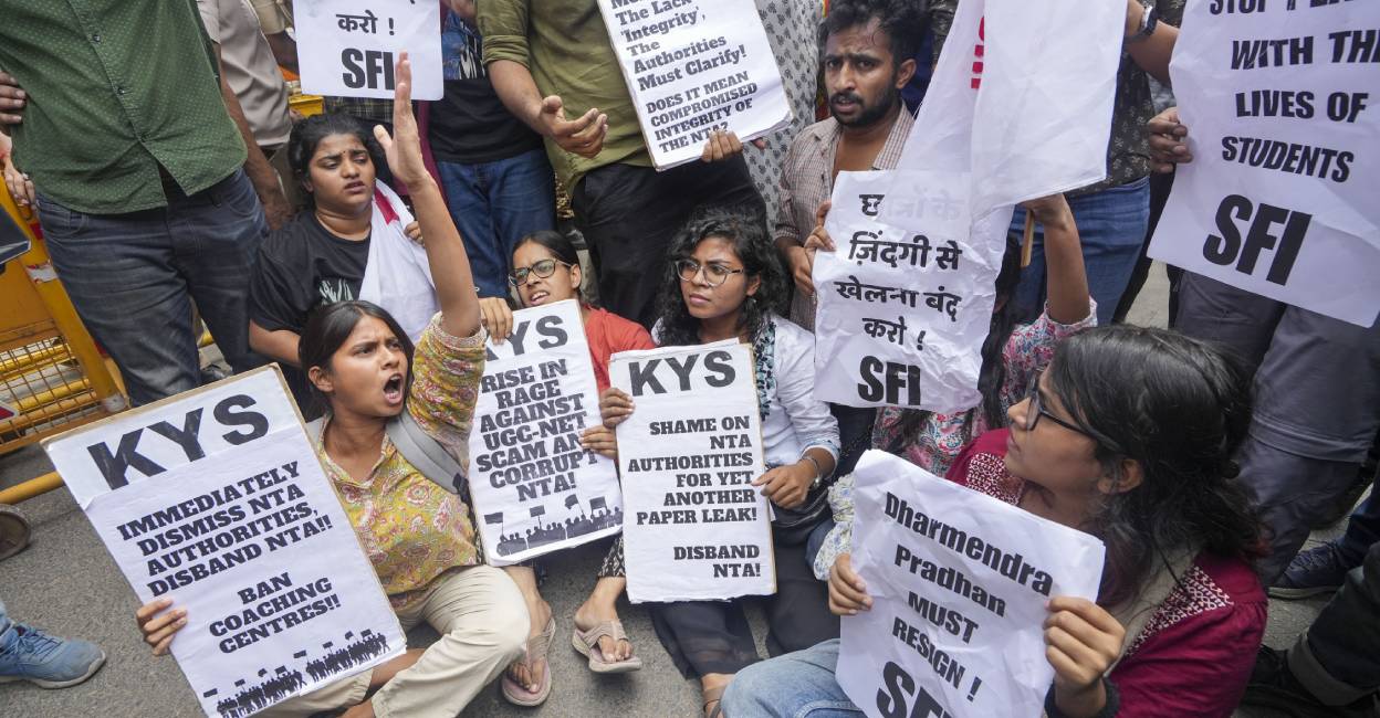 Students stage a protest over the NEET-UG and UGC-NET examinations issue, in New Delhi. Photo: PTI