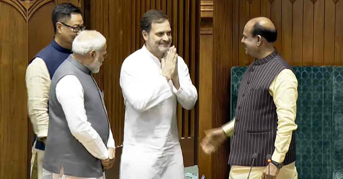 Rahul Gandhi greets newly elected Lok Sabha speaker Om Birla. Photo: PTI