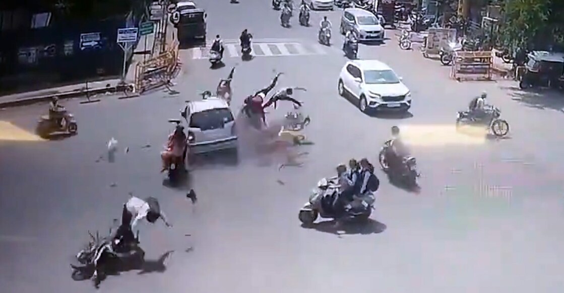 The screengrab from a CCTV footage shows the moment the car rammed down the two-wheelers at Cyber Chowk in Kolhapur on Monday. 