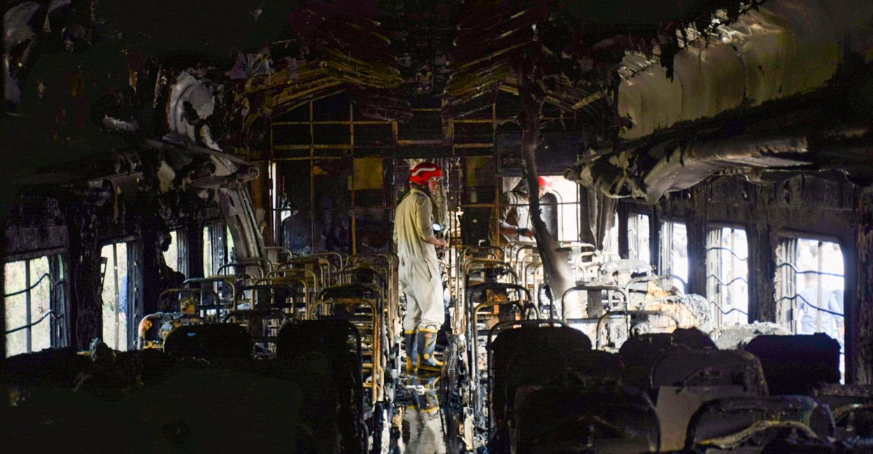 A firefighter inside a charred coach of the Taj Express after a fire broke out in the train, at Sarita Vihar, in New Delhi, Monday, June 3, 2024. Photo: PTI