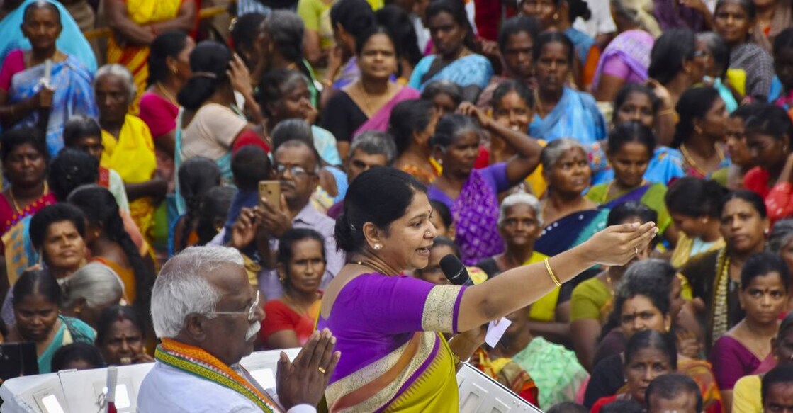 DMK candidate Kanimozhi during election campaign. Photo: PTI