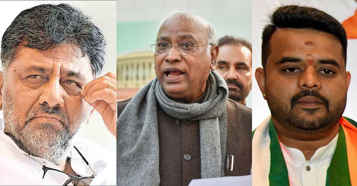 Combo image of D K Shivakumar, Mallikarjun Kharge and Prajwal 
