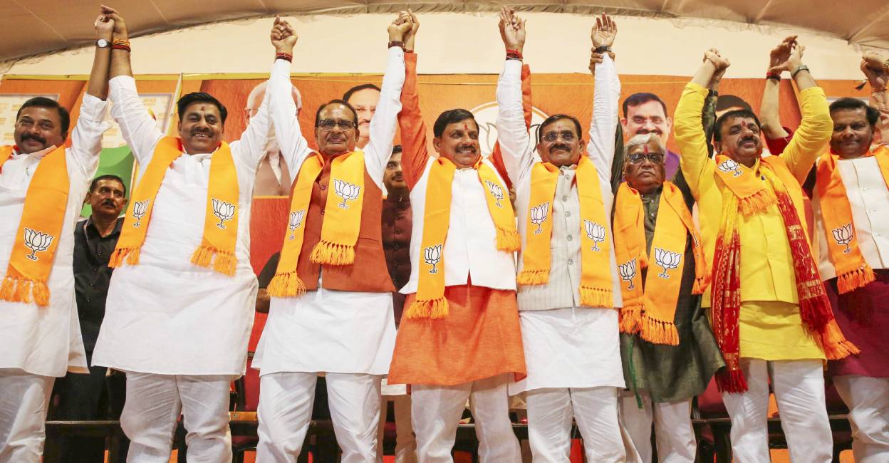 Madhya Pradesh Chief Minister Mohan Yadav, former Chief Minister Shivraj Singh Chouhan, BJP State President VD Sharma and others celebrate the party's victory in the Lok Sabha elections. Photo: PTI