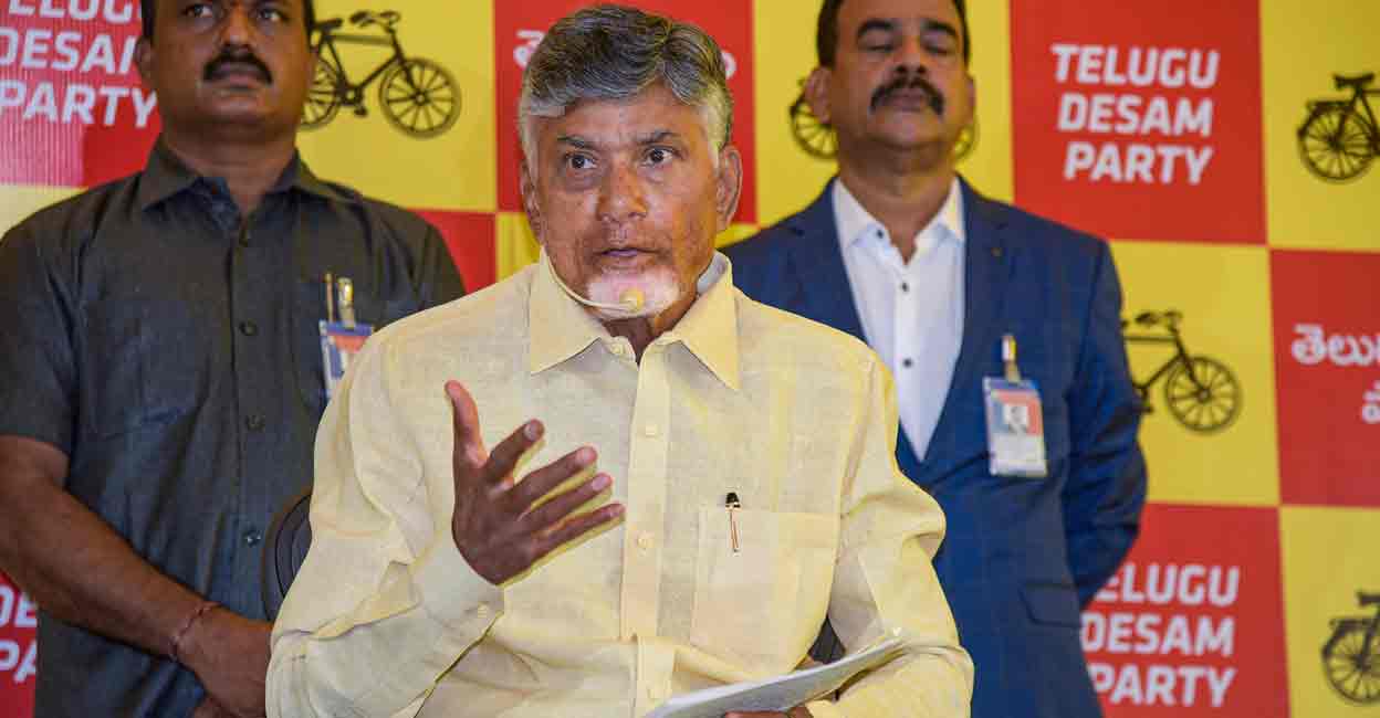 PTI06_05_2024_000091B Telugu Desam Party (TDP) President Chandrababu Naidu addresses a press conference after the partys victory in the Lok Sabha elections, in Amravati, Wednesday, June 5, 2024. Photo: PTI