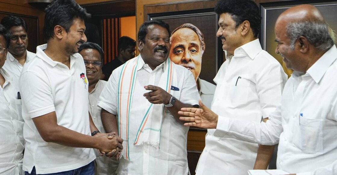 Tamil Nadu Chief Minister and DMK President MK Stalin, Tamil Nadu Congress chief K Selvaperunthagai, state Minister Udhayanidhi Stalin and others during a meeting . Photo: PTI