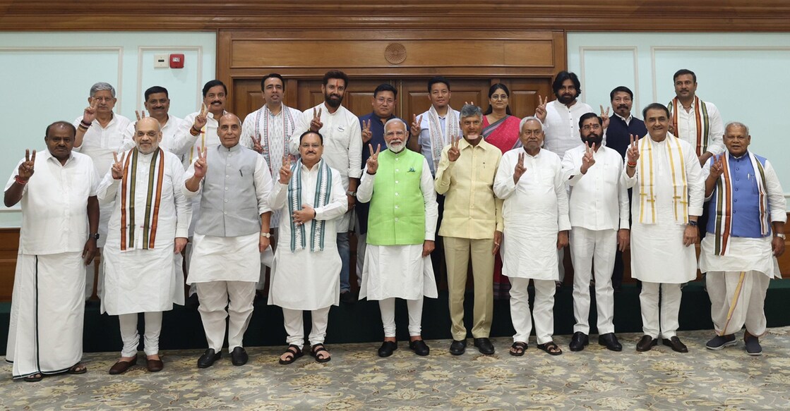 Narendra Modi and leaders of various parties in the NDA pose after a meeting at the prime minister's residence on Wednesday. Photo: Facebook/@BJP4India