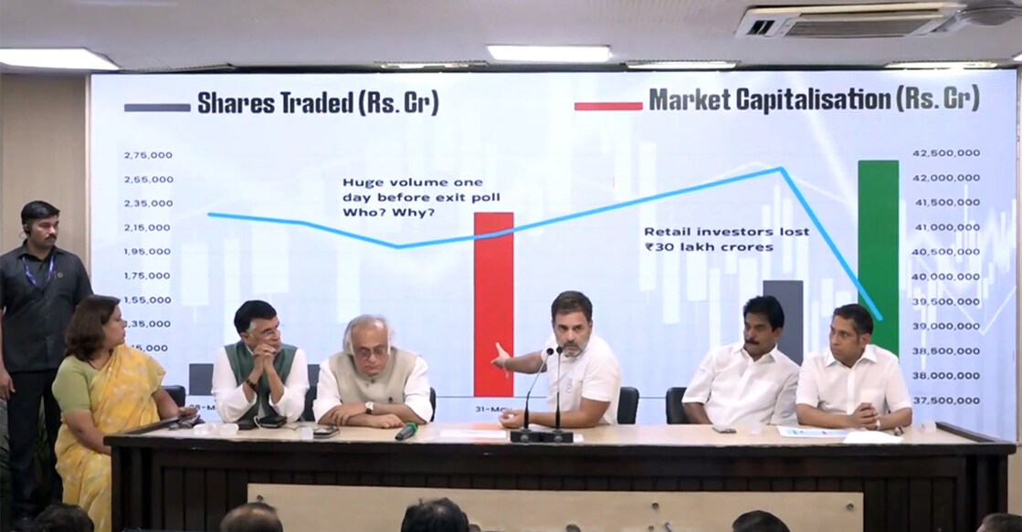 Rahul Gandhi points to a presentation on the Indian stock markets at the AICC headquarters in New Delhi on Thursday. Photo: Screengrab/X@RahulGandhi