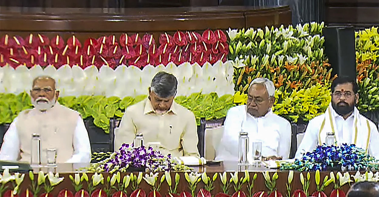 Narendra Modi with TDP chief N Chandrababu Naidu, Bihar CM and JD(U) leader Nitish Kumar, Maharashtra CM and Shiv Sena leader Eknath Shinde during the NDA parliamentary party meeting at Samvidhan Sadan, in New Delhi on Friday. Photo: PTI