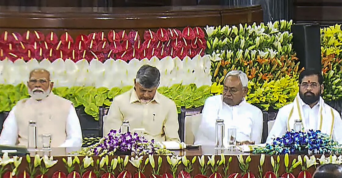 Narendra Modi with TDP chief N Chandrababu Naidu, Bihar CM and JD(U) leader Nitish Kumar, Maharashtra CM and Shiv Sena leader Eknath Shinde during the NDA parliamentary party meeting at Samvidhan Sadan, in New Delhi on Friday. Photo: PTI