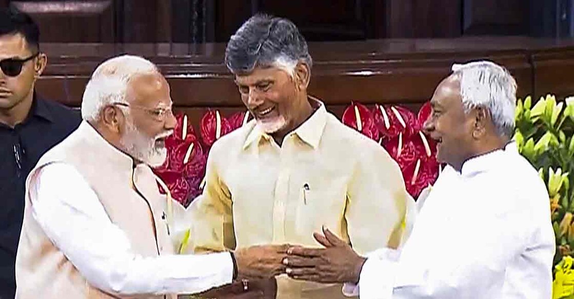 Senior BJP leader Narendra Modi with TDP chief N. Chandrababu Naidu and Bihar CM and JD(U) leader Nitish Kumar during the NDA parliamentary party meeting at Samvidhan Sadan, in New Delhi, Friday, June 7, 2024. Photo: PTI