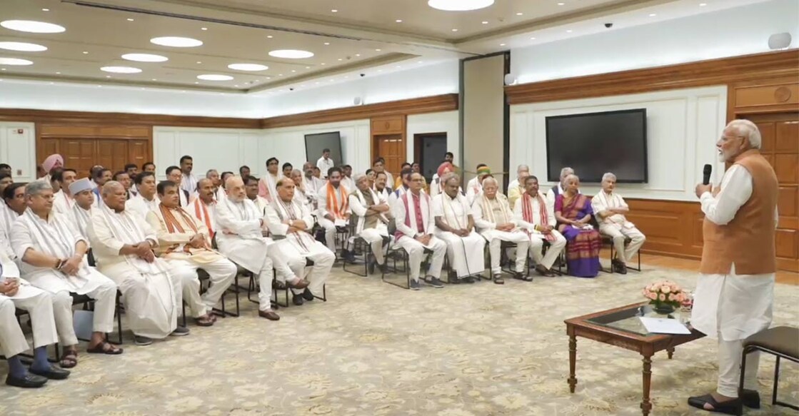 modi-ministers-meet-ls New Delhi: Prime Minister-designate Narendra Modi with NDA leaders during an interaction over tea, in New Delhi, Sunday, June 9, 2024. Photo: PTI.