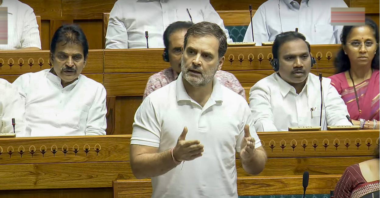 rahul-gandhi-ls Leader of Opposition Rahul Gandhi speaks in the Lok Sabha during a Parliament session, in New Delhi, Friday, June 28, 2024. File Photo: PTI.