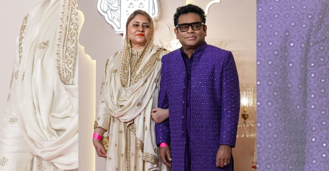 Musician A R Rahman and his wife Saira Banu upon their arrival to attend Anant Ambani and Radhika Merchant's wedding, at Jio World Convention Centre, in Mumbai, Friday, July 12, 2024. PTI/Kunal Patil