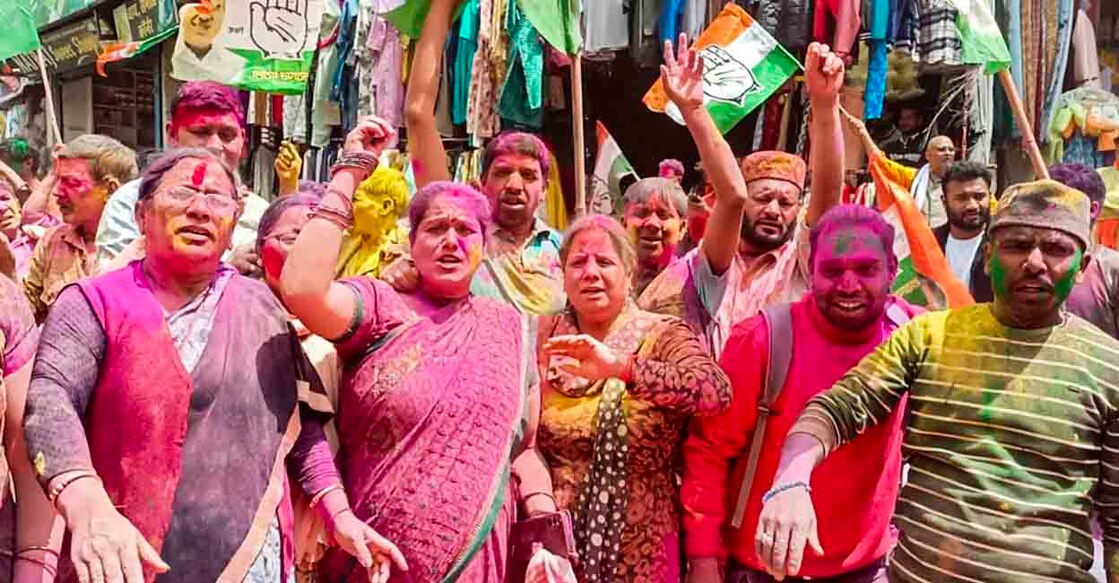 Chamoli: Congress workers celebrate after party's victory in Uttarakhand Assembly by-elections, in Chamoli, Saturday, July 13, 2024. (PTI Photo)(PTI07_13_2024_000174B)