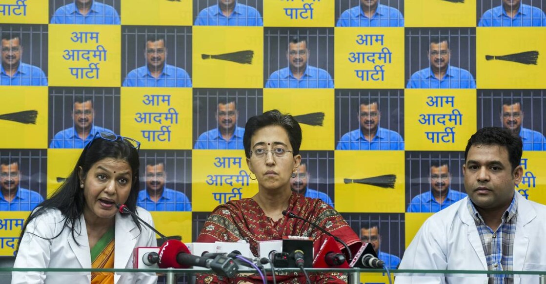 AAP leader and Delhi Minister Atishi with doctors addresses a press conference regarding the health of Delhi Chief Minister Arvind Kejriwal. Photo: PTI