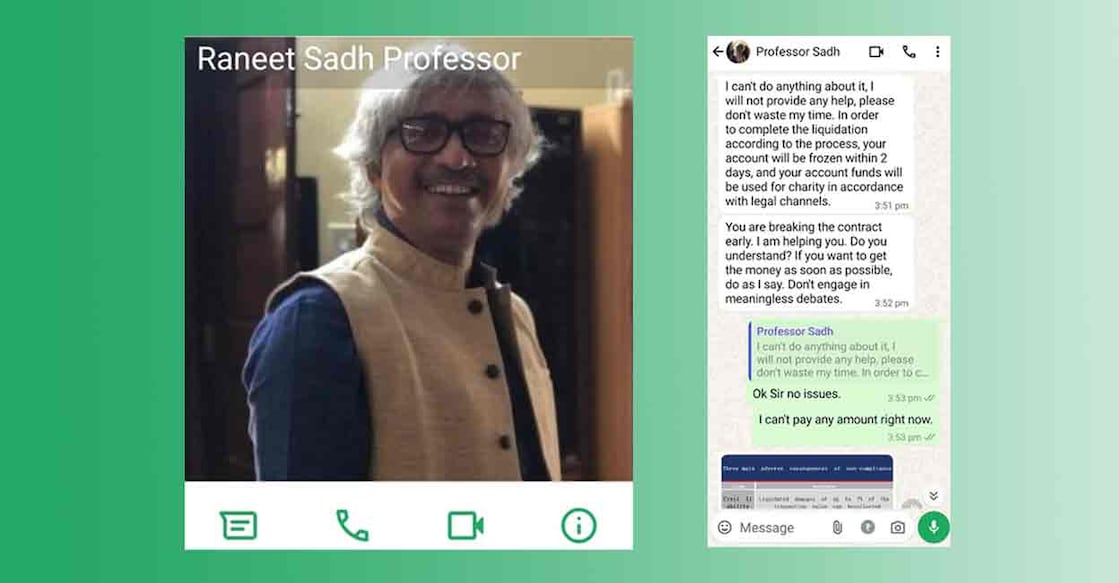  'Professor' who used the name Raneet Sadh to dupe the official's wife; Whatsapp chats between the fraudsters and the woman. Photo: Special arrangement