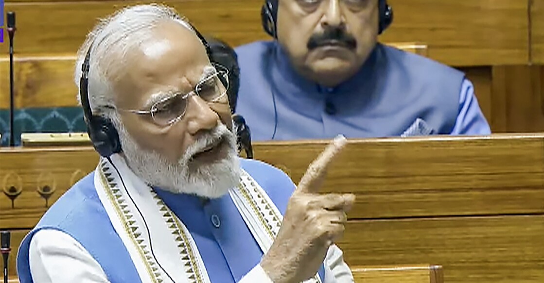 PM Narendra Modi replies to the Motion of Thanks on the President's Address in the Lok Sabha during the ongoing Parliament session. Photo: PTI.