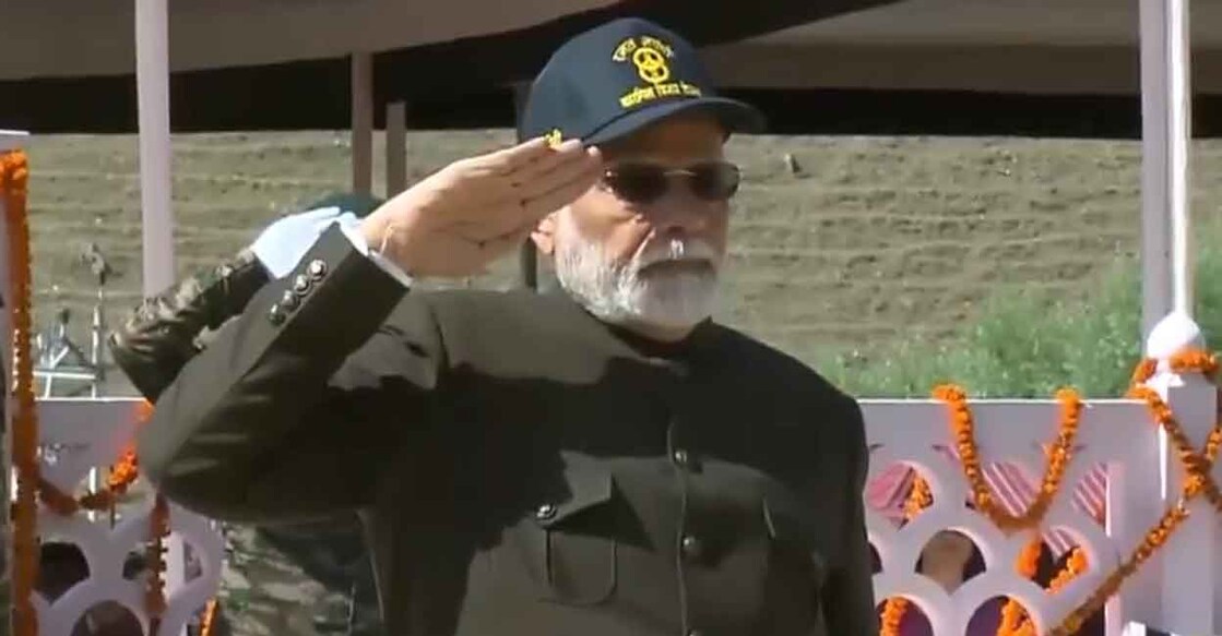 Prime Minister Narendra Modi pays homage at the Kargil War Memorial on the occasion of the 25th anniversary of the Kargil Vijay Diwas, in Dras on Friday. Photo: PTI