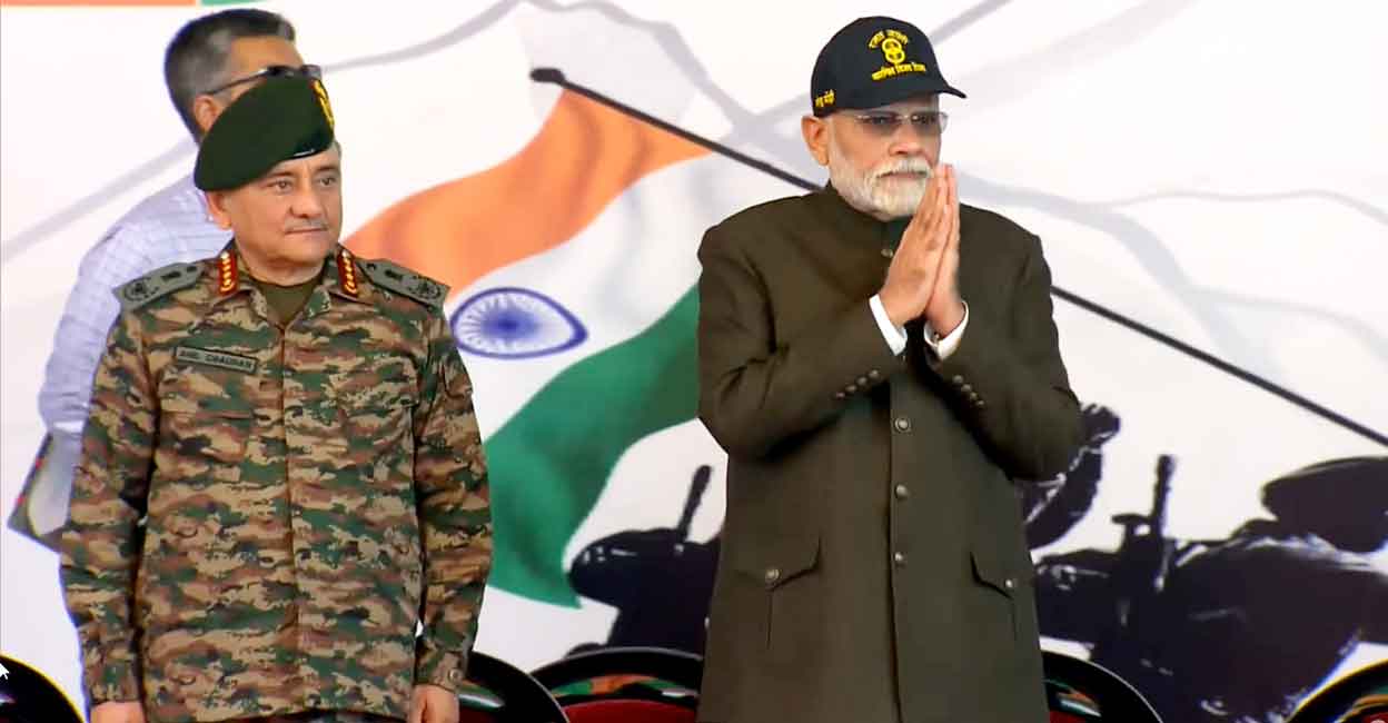 PTI07_26_2024_000036B Prime Minister Narendra Modi and Chief of Defence Staff General Anil Chauhan during a program to commemorate the 25th anniversary of the Kargil Vijay Diwas at the Kargil War Memorial, in Dras on Friday. Photo: PTI