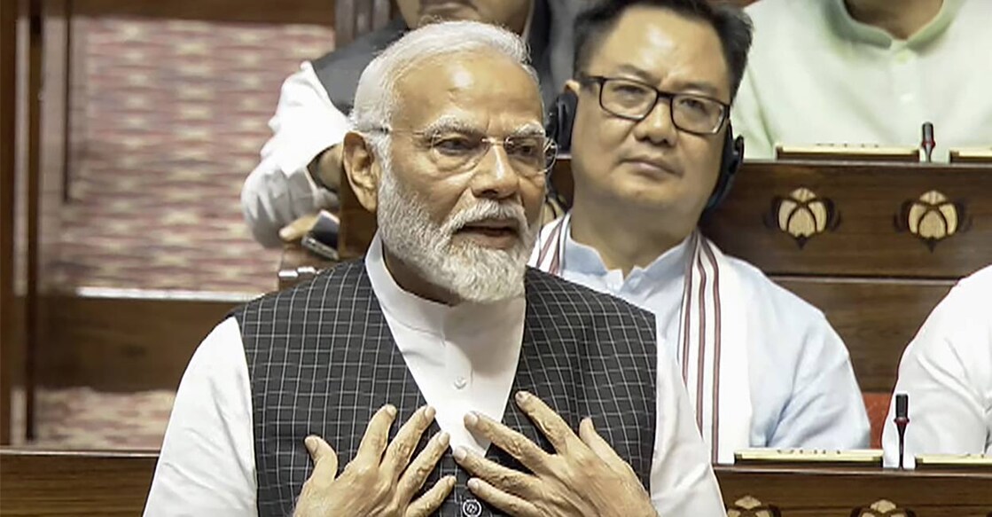 Prime Minister Narendra Modi replies to the Motion of Thanks on the President's Address in the Rajya Sabha during the ongoing Parliament session, in New Delhi, Wednesday, July 3, 2024. Photo: PTI. 