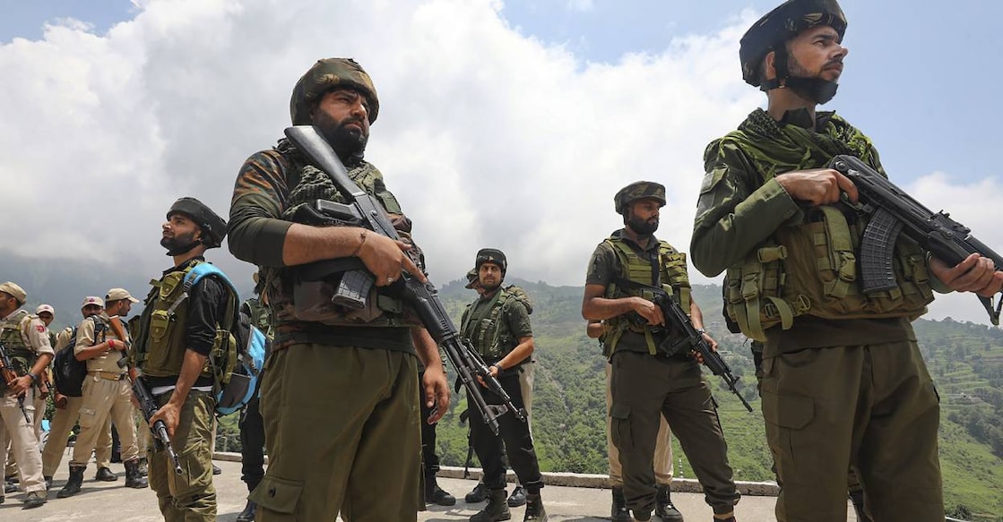 Security personnel conduct a search operation after a terror attack on Army vehicle that killed five jawans in the Badnota area of Kathua district. Photo: PTI