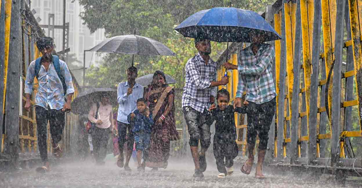 PTI07_08_2024_000075A Pedestrians use umbrellas to shield themselves during rains, in Mumbai, Monday, July 8, 2024. Photo: PTI