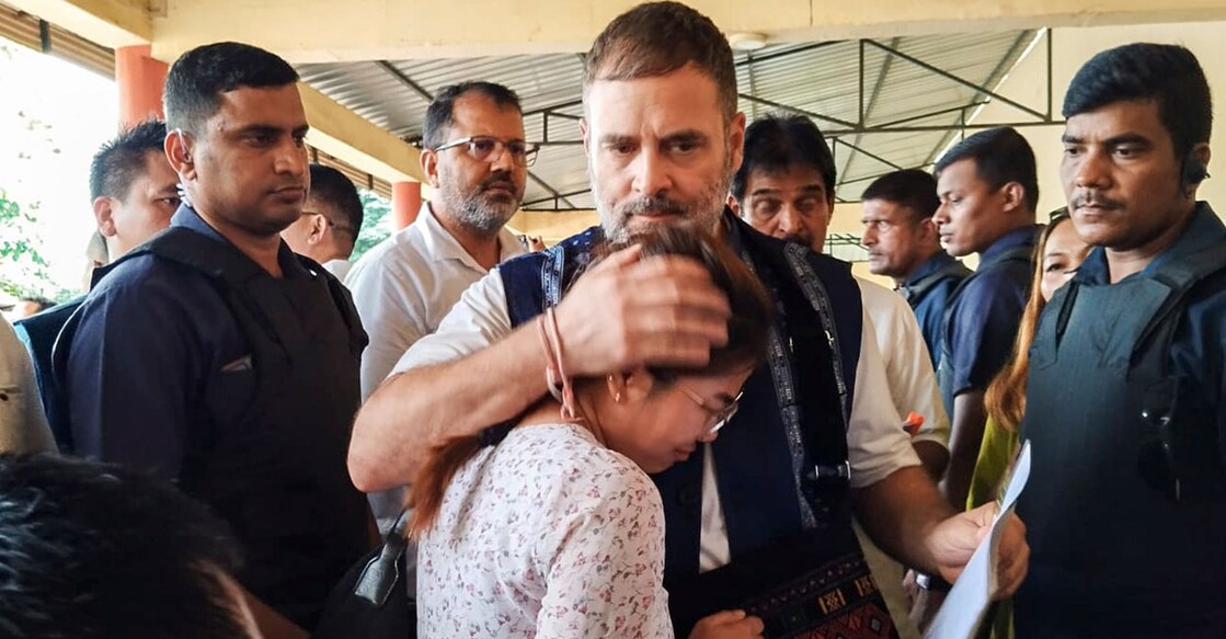 PTI07_08_2024_000165B Congress MP Rahul Gandhi during his visit to Churachandpur relief camp in Manipur on Monday. Photo: PTI