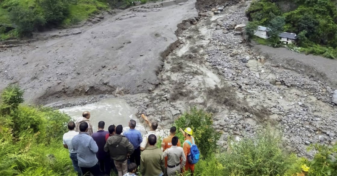 Search and rescue operation underway following a cloudburst, in Rampur area of Shimla district, Thursday, August 1, 2024. At least 5 people have died and 45 missing after the cloudburst, according to officials. Photo: PTI. 