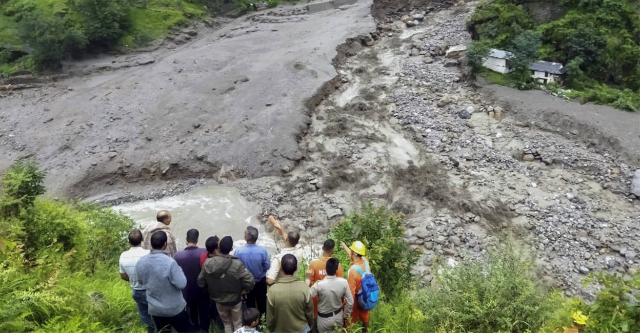 Search and rescue operation underway following a cloudburst, in Rampur area of Shimla district, Thursday, August 1, 2024. At least 5 people have died and 45 missing after the cloudburst, according to officials. Photo: PTI. 