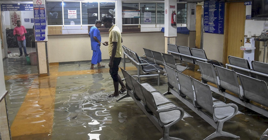 An area inside a hospital is seen inundated with rainwater after heavy rainfall, in Patna, Sunday, Aug. 11, 2024. Photo: PTI