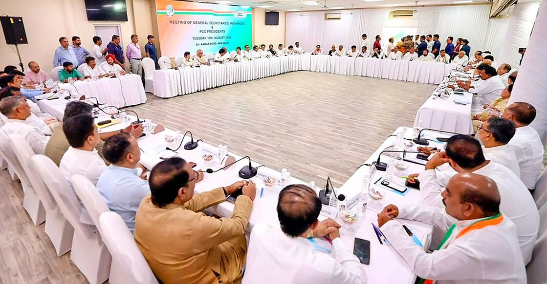 New Delhi: Congress President Mallikarjun Kharge with party leader Rahul Gandhi and others during a meeting of the party's General Secretaries, State In-Charges, and State Presidents, in New Delhi, Tuesday, Aug. 13, 2024. Photo: PTI. 
