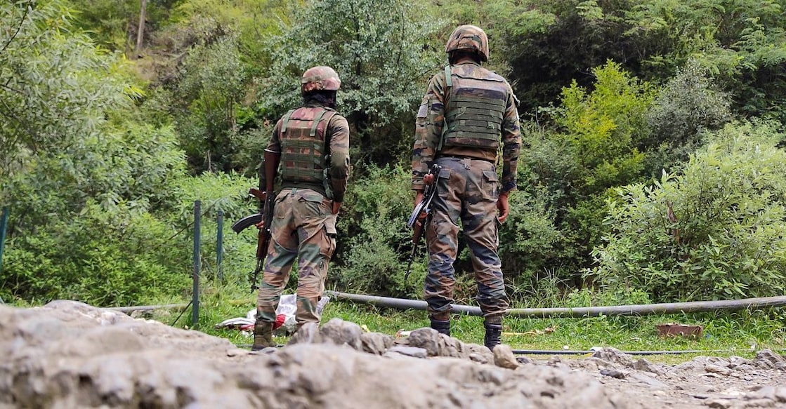 Army personnel keep vigil near the site of an encounter between security forces and militants, in Doda district of Jammu and Kashmir, Wednesday, August 14, 2024. Photo: PTI