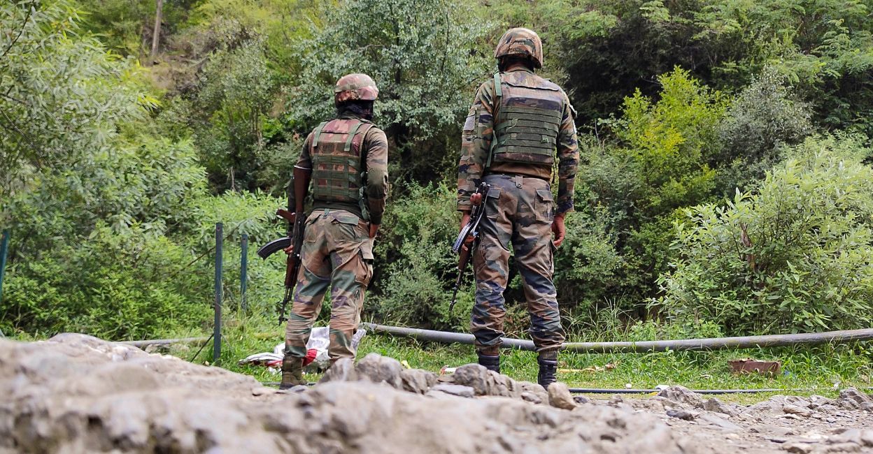 Army personnel keep vigil near the site of an encounter between security forces and militants, in Doda district of Jammu and Kashmir, Wednesday, August 14, 2024. Photo: PTI
