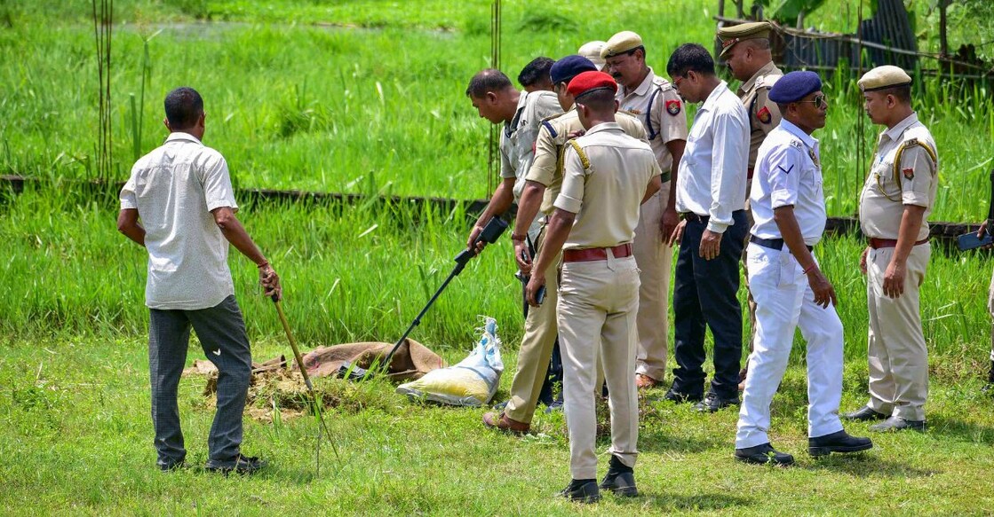 Assam Police personnel conduct a search operation in Nagaon district, Thursday, August 15, 2024. Photo: PTI