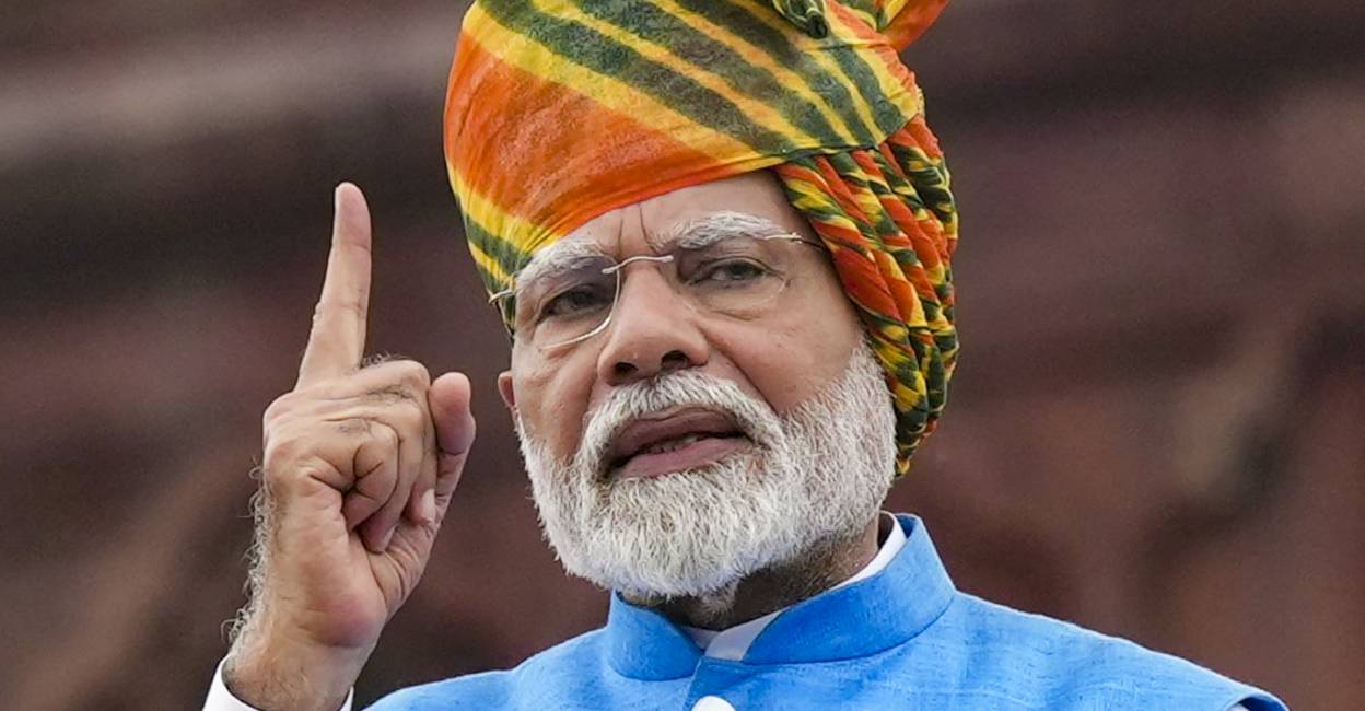 Prime Minister Narendra Modi addresses the nation from the Red Fort on 78th Independence Day, in New Delhi. Photo: PTI